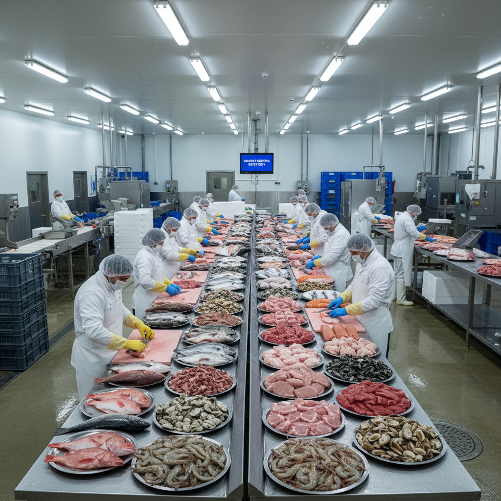 Fresh fish and seafood catch with animal protein products in industrial facility
